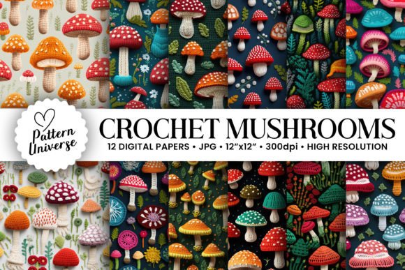 Crochet Mushroom Embroidery Backgrounds